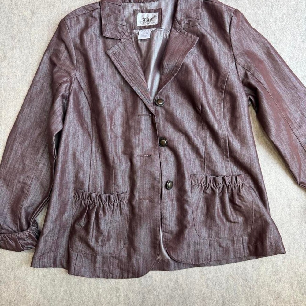 Live a Little Womens Brown Metallic Sheen Ruffle Pocket Blazer Jacket Size L
